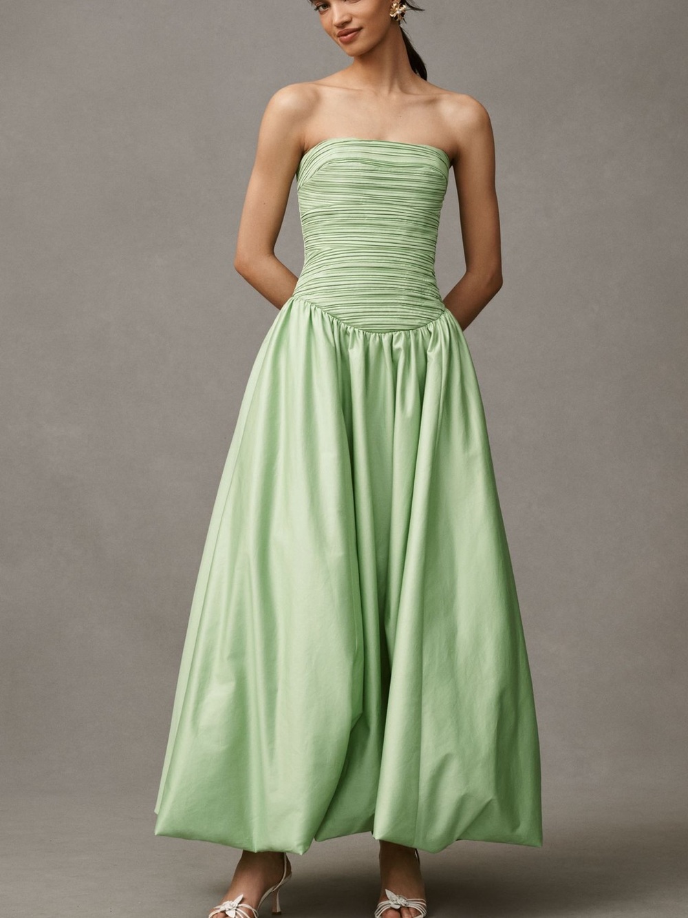 Strapless Ruched Bodice Green Evening Dress